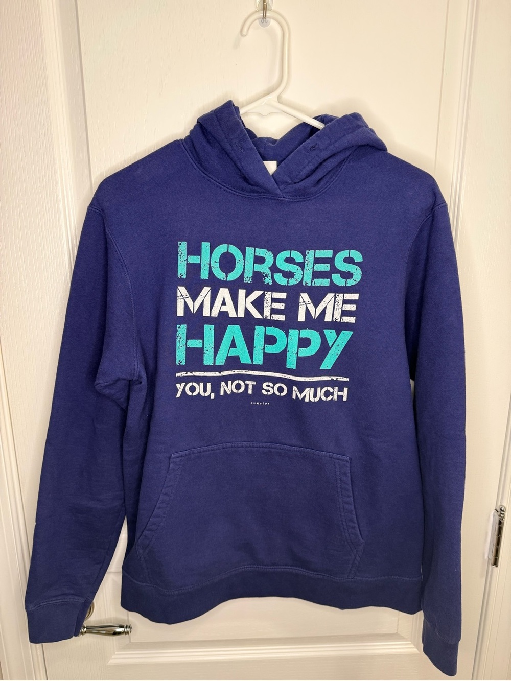 Women’s Blue "Horses Make Me Happy" Graphic Hoodie. Medium